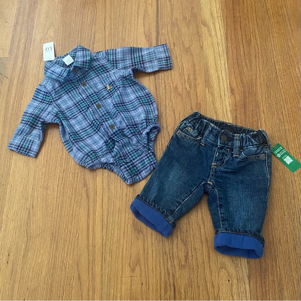GAP Baby Boy Flannel Shirt and Denim Fleece Pants Winter Set